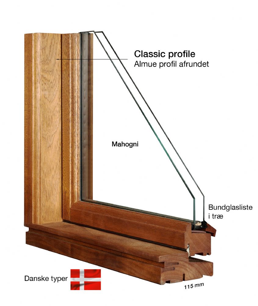 1 Fags sidehængt Dannebrog vindue i palæstil – fyrretræ, mahogni eller træ/alu