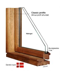 1 Fags sidehængt Dannebrog vindue i palæstil – fyrretræ, mahogni eller træ/alu