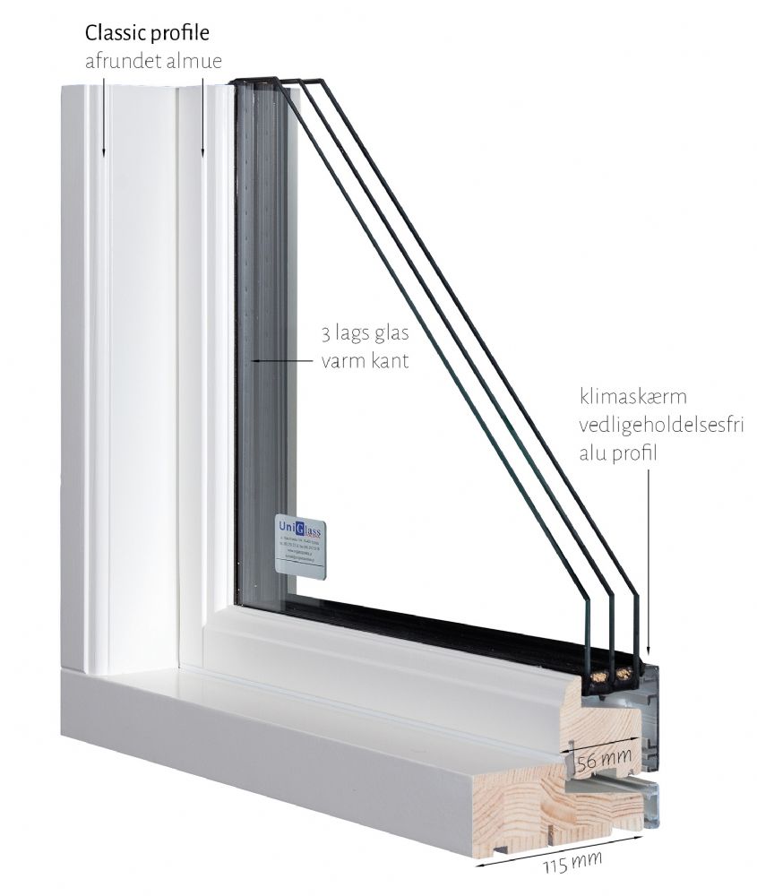 4 Fags sidehængt Dannebrog vindue – fyrretræ, mahogni eller vedligeholdelsesfrit træ/alu