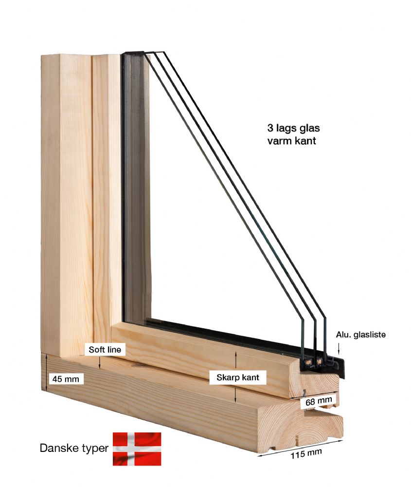 4 Fags sidehængt Dannebrog vindue – fyrretræ, mahogni eller vedligeholdelsesfrit træ/alu